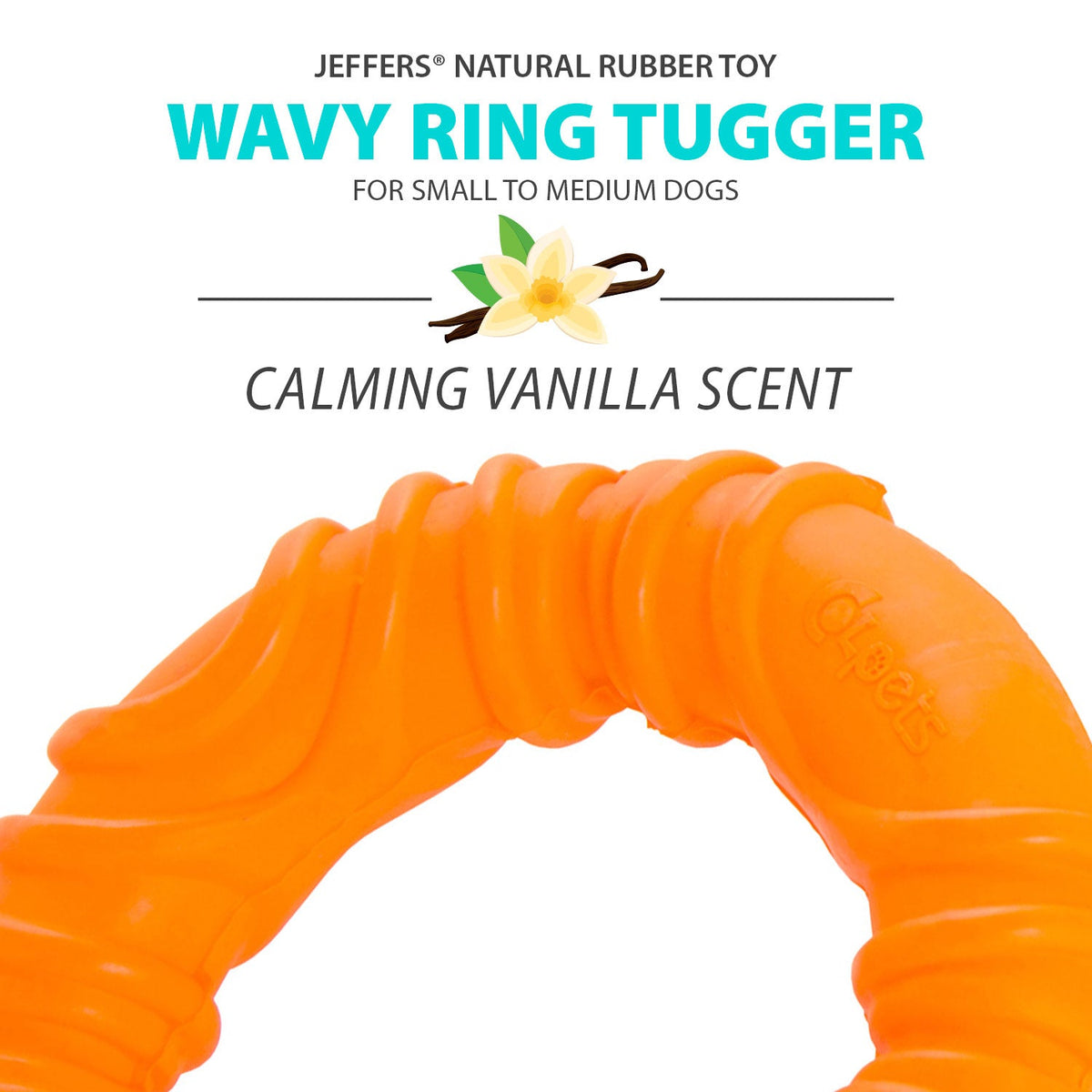 Orange wavy ring natural rubber dog chew toy with curved ridges