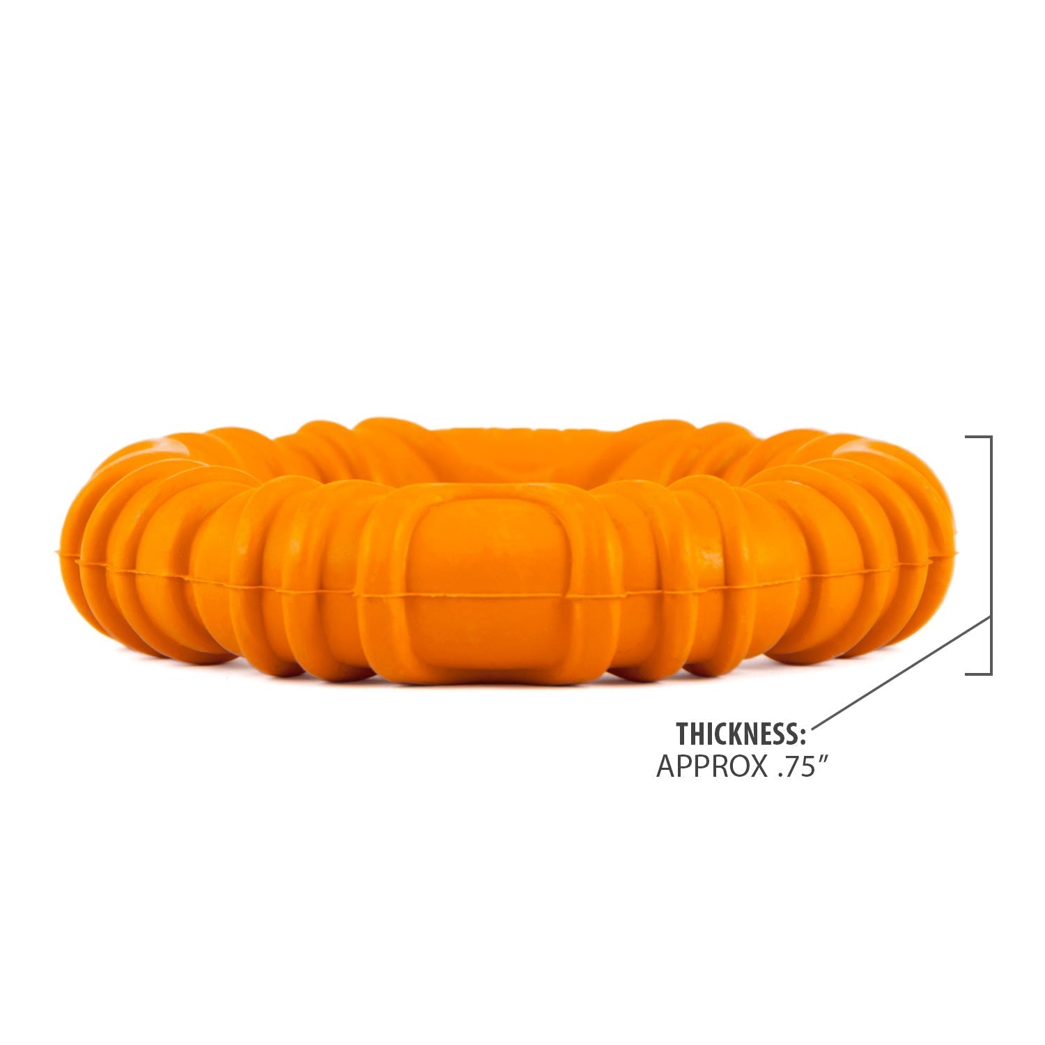 Orange wavy ring natural rubber dog chew toy, side profile