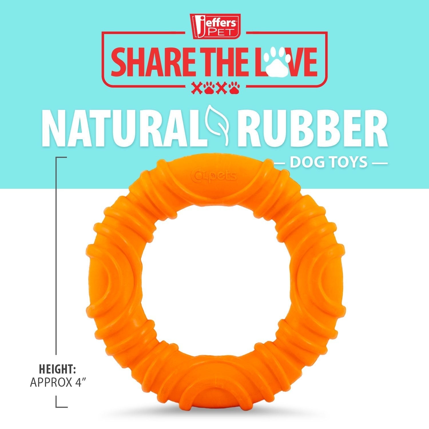 Orange wavy ring natural rubber dog chew toy on package