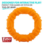 Orange wavy ring natural rubber dog chew toy, front view