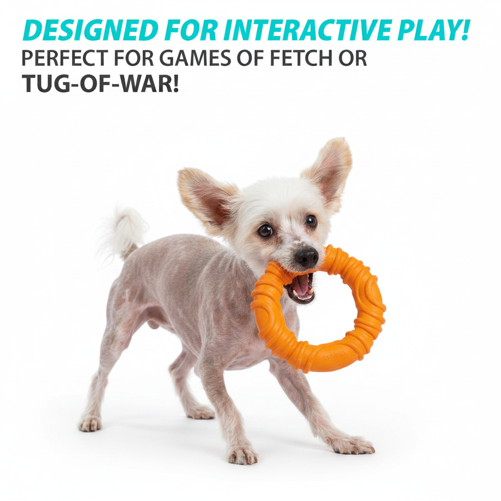 Orange wavy ring natural rubber dog chew toy on dog