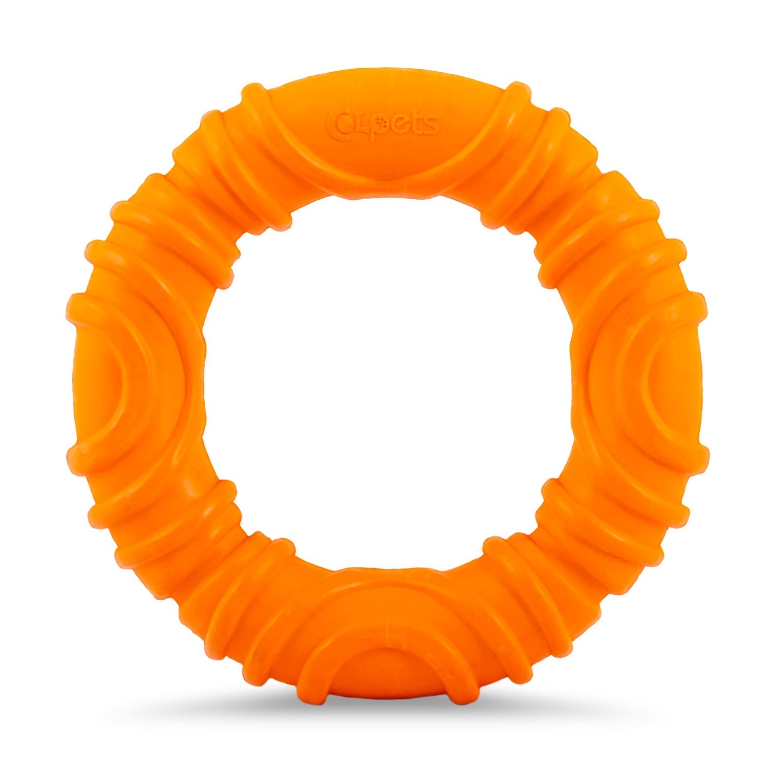 Orange wavy ring natural rubber dog chew toy, round open center
