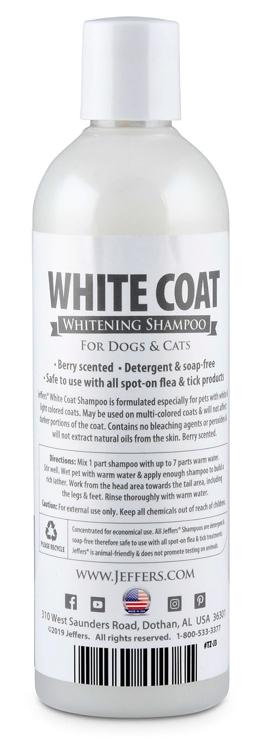 Jeffers Pet White Coat whitening shampoo bottle back label with directions