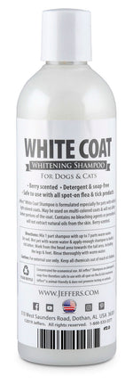 Jeffers Pet White Coat whitening shampoo bottle back label with directions