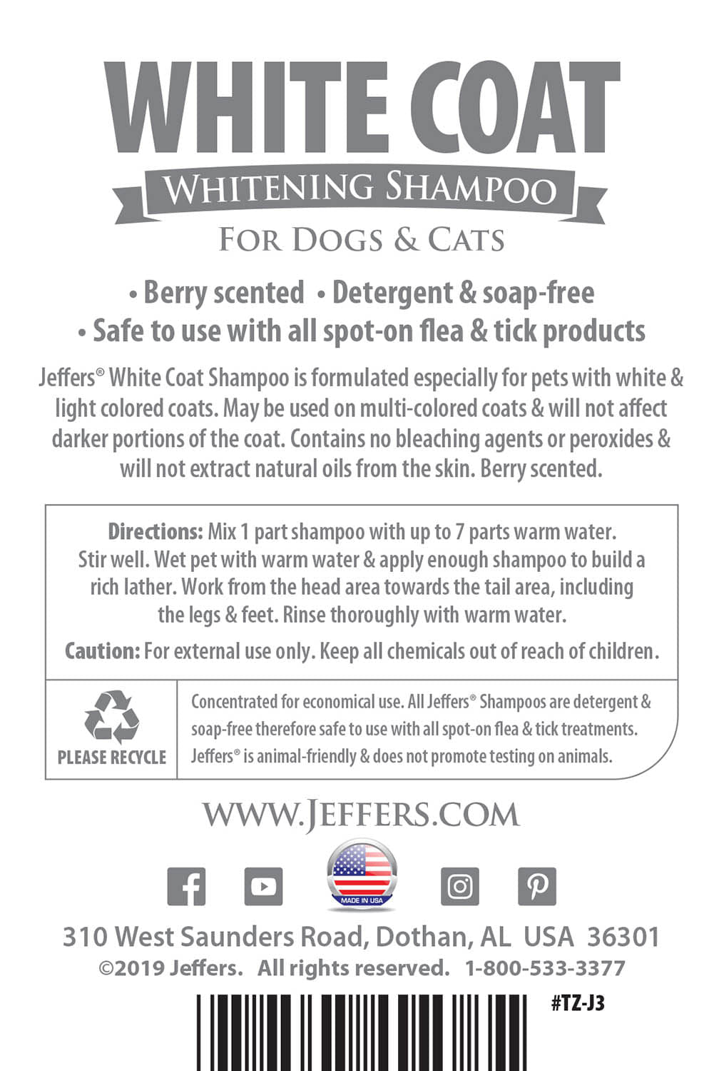 Jeffers Pet White Coat whitening shampoo label panel for dogs and cats