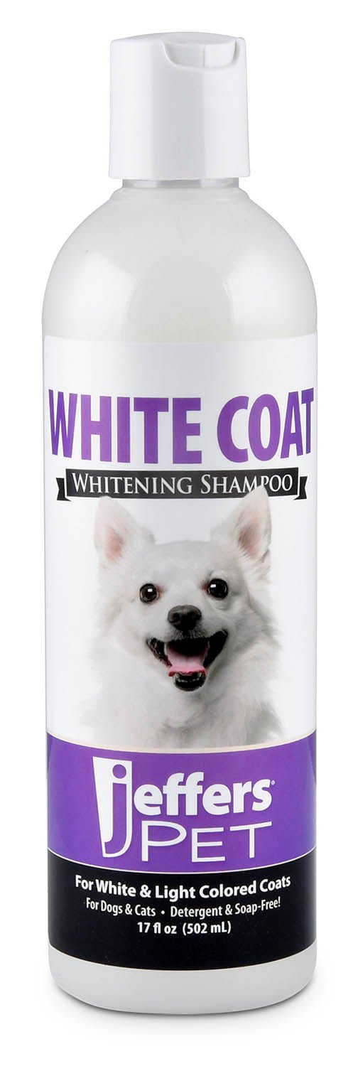 Jeffers Pet White Coat whitening shampoo bottle with dog face on label