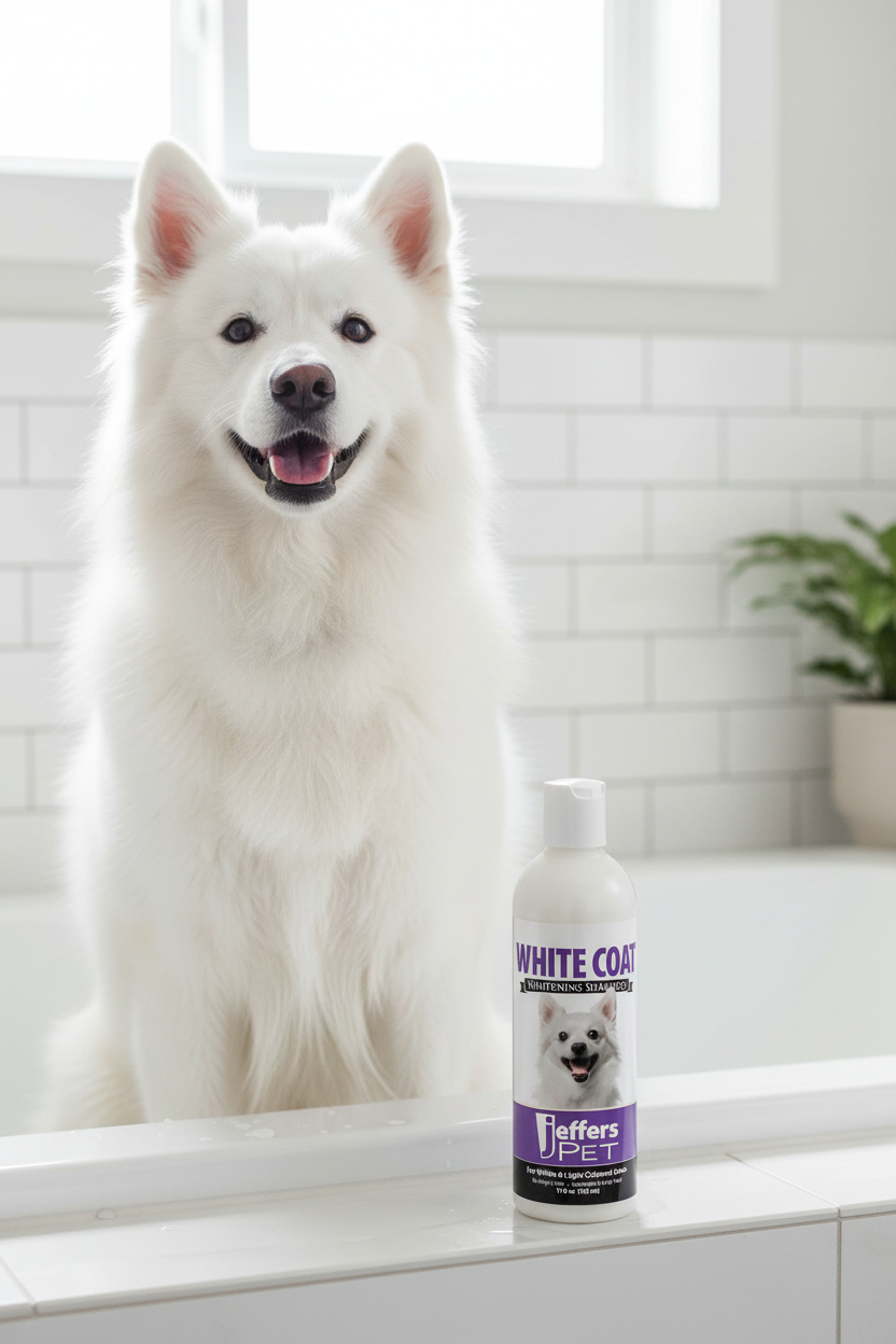 White dog in bathtub with pet whitening shampoo bottle near the rim