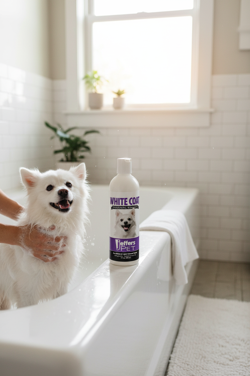 Dog in bathtub with pet whitening shampoo bottle on the tub edge