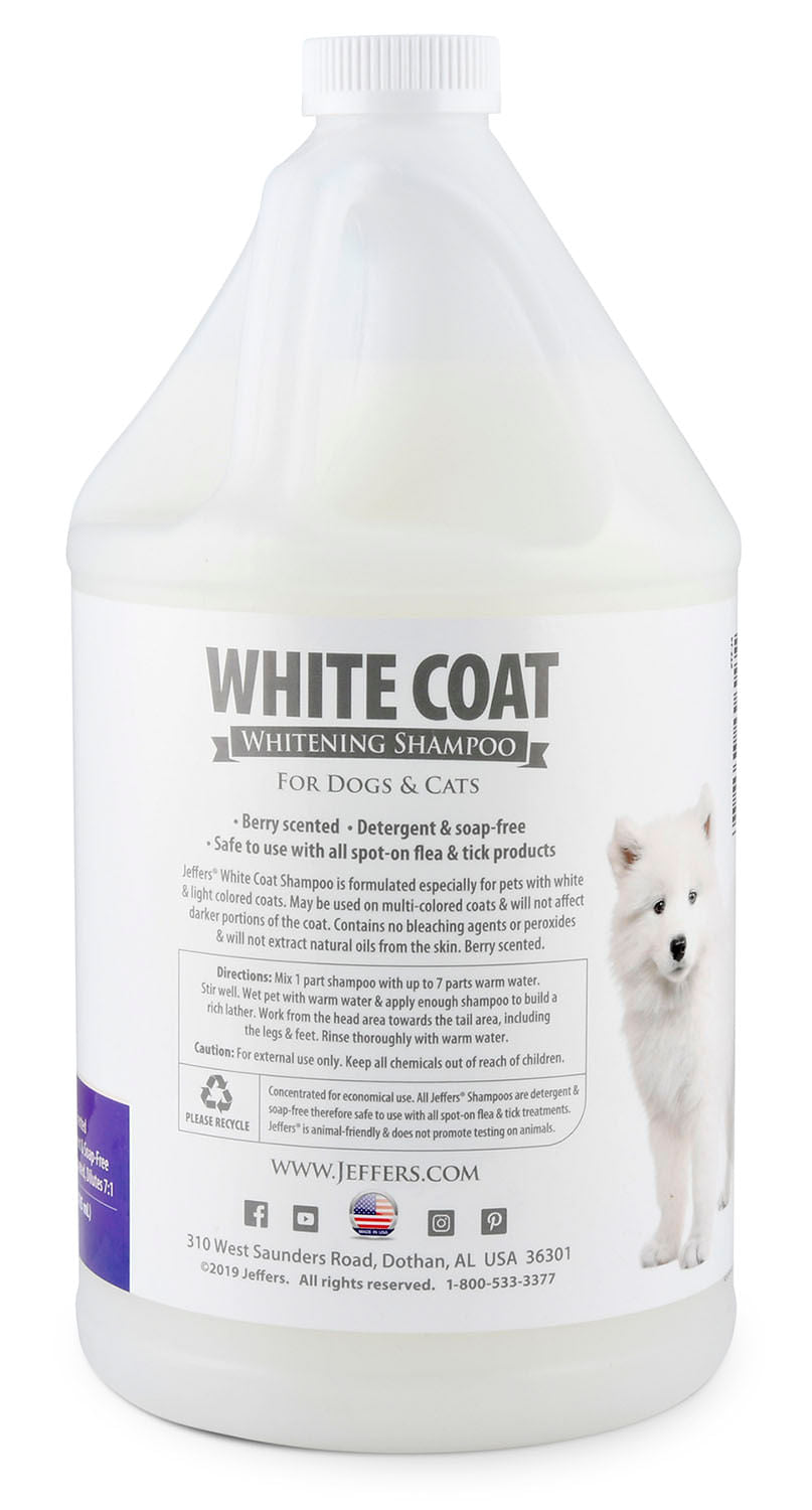 Jeffers Pet White Coat whitening shampoo bottle with side label and dog photo