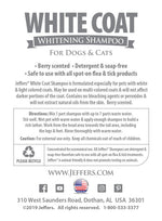 Jeffers Pet White Coat whitening shampoo back label with directions and cautions
