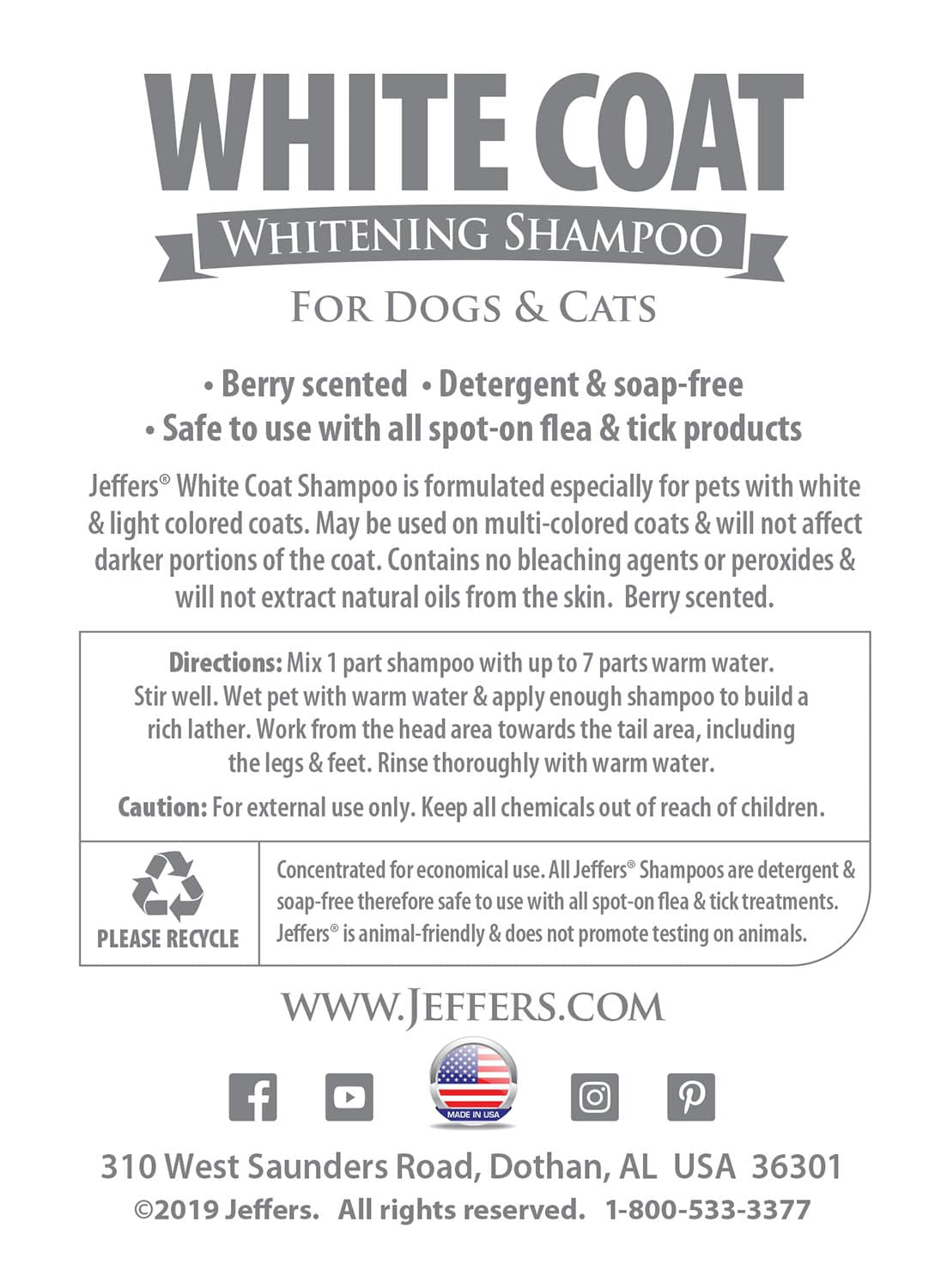 Jeffers Pet White Coat whitening shampoo back label with directions and cautions