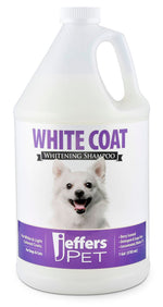 Jeffers Pet White Coat whitening shampoo jug with dog face and purple label