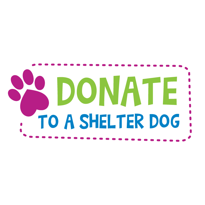 Donation badge reading “DONATE TO A SHELTER DOG” with paw icon