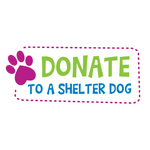 Donation badge reading “DONATE TO A SHELTER DOG” with paw icon