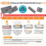 Grey pet bed warmer heating pad shown with power cord and safety test steps