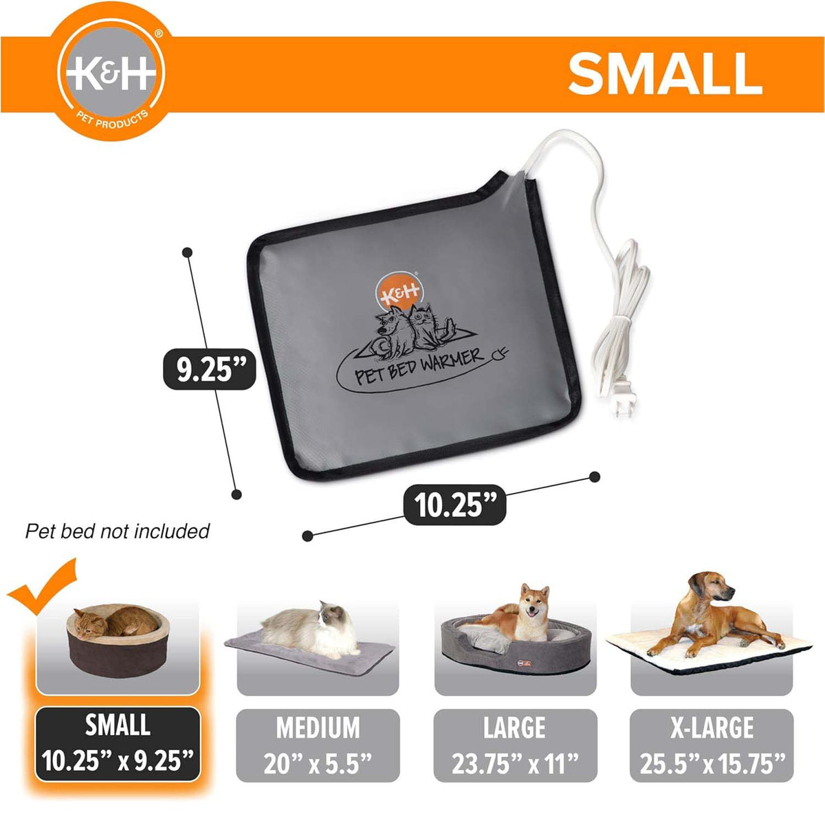 Small grey heated pad with power cord and pet bed warmer label