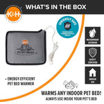 Grey pet bed warmer heating pad with power cord included, safety information graphic