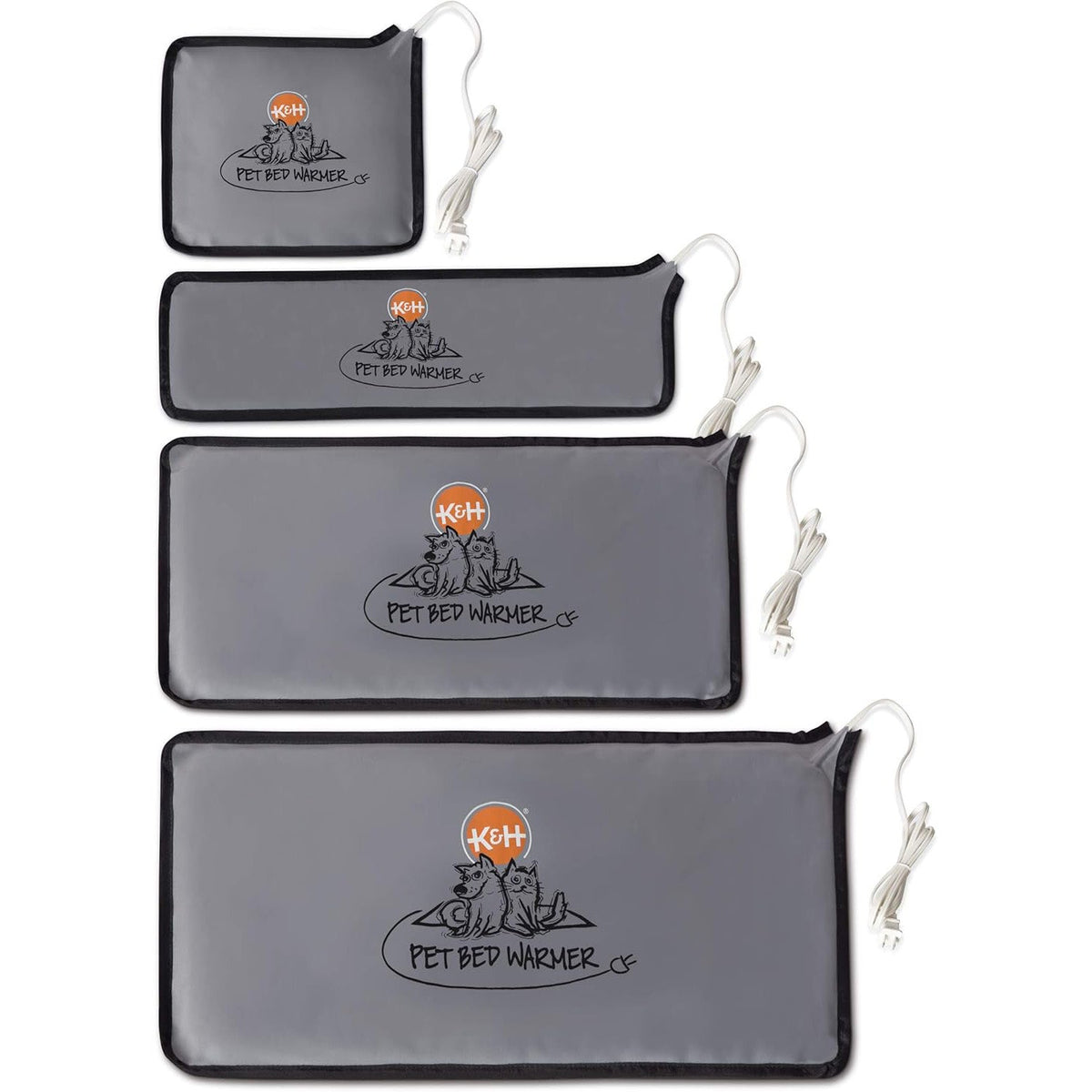 Set of four grey pet bed warmer heating pads with power cords