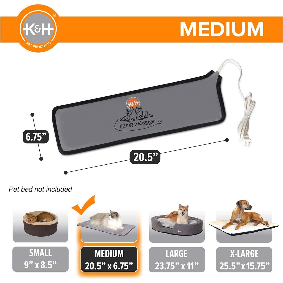 K&H grey heated pet bed warmer pad with power cord, medium size