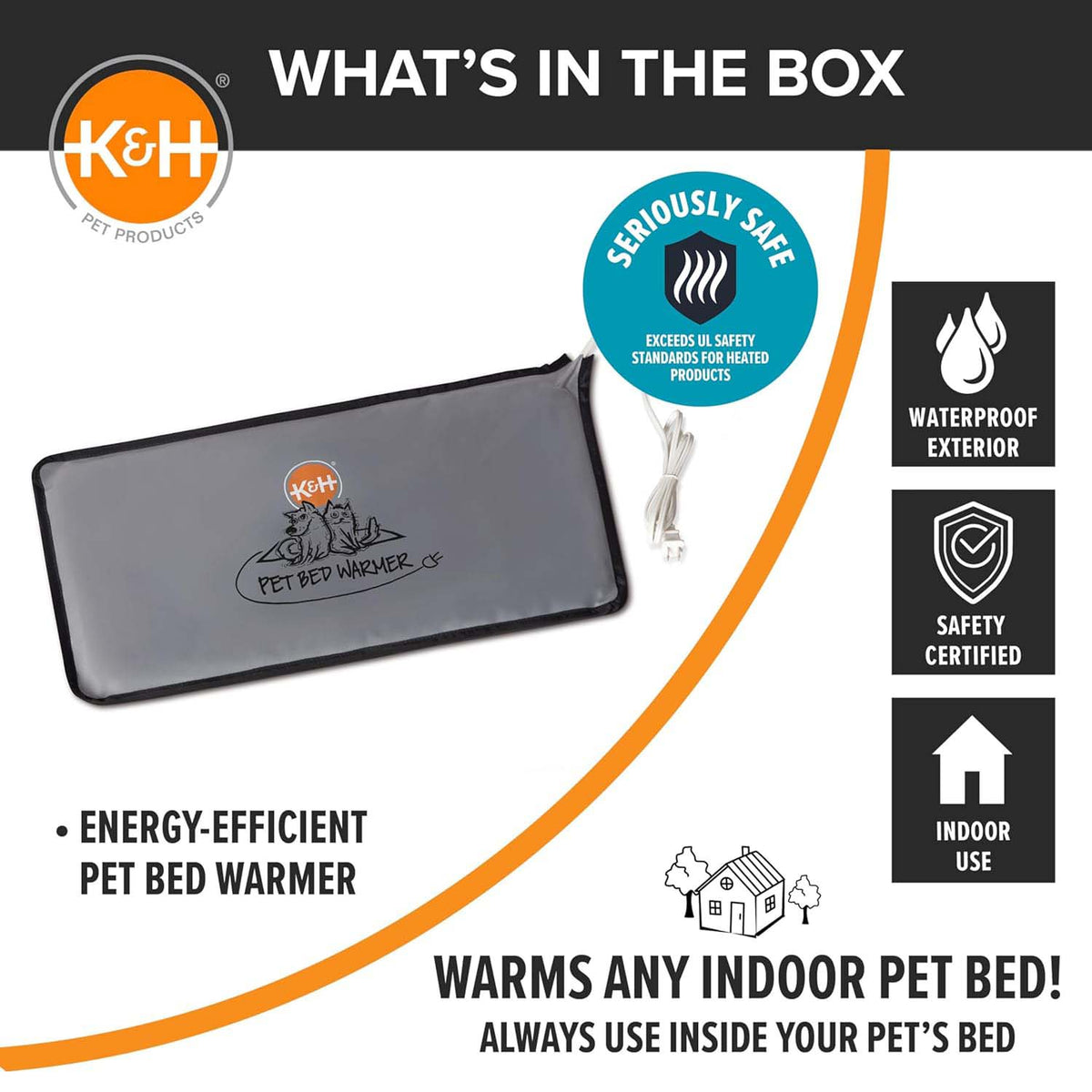 K&H grey heated pet bed warmer pad with power cord, safety certified for indoor use