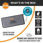 K&H grey heated pet bed warmer pad with power cord, safety certified for indoor use