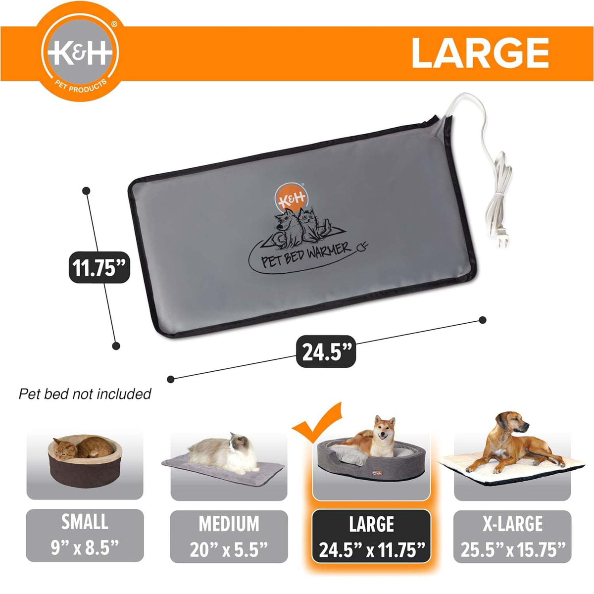K&H grey heated pet bed warmer pad with power cord, large size