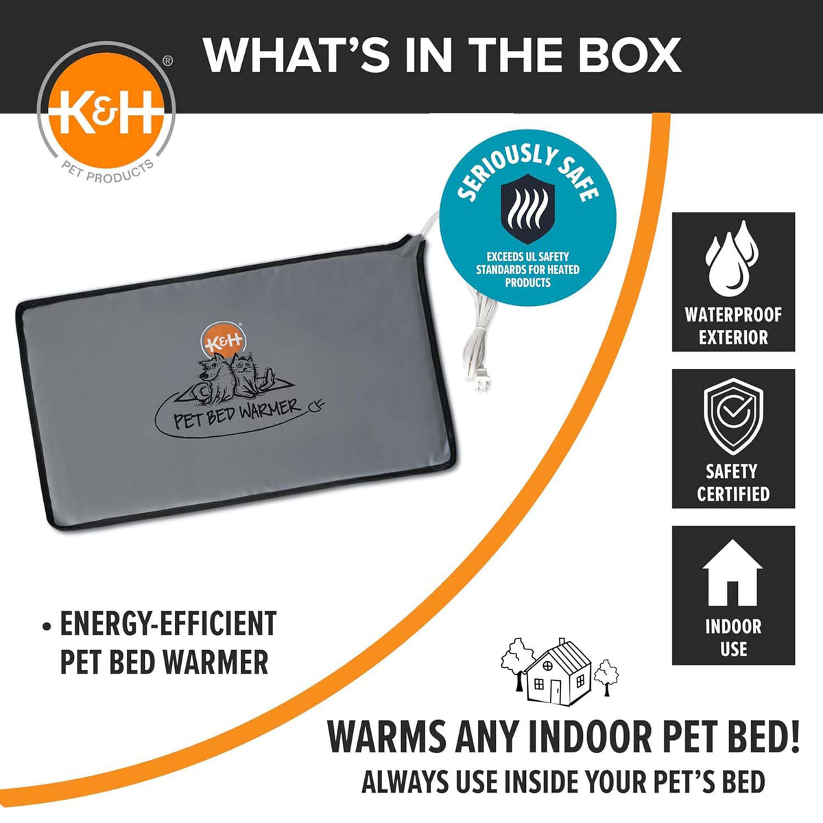 K&H grey heated pet bed warmer pad with power cord, safety certified for indoor use