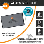 K&H grey heated pet bed warmer pad with power cord, safety certified for indoor use
