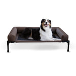 Elevated pet cot with bolstered sides, chocolate brown fabric and dark legs