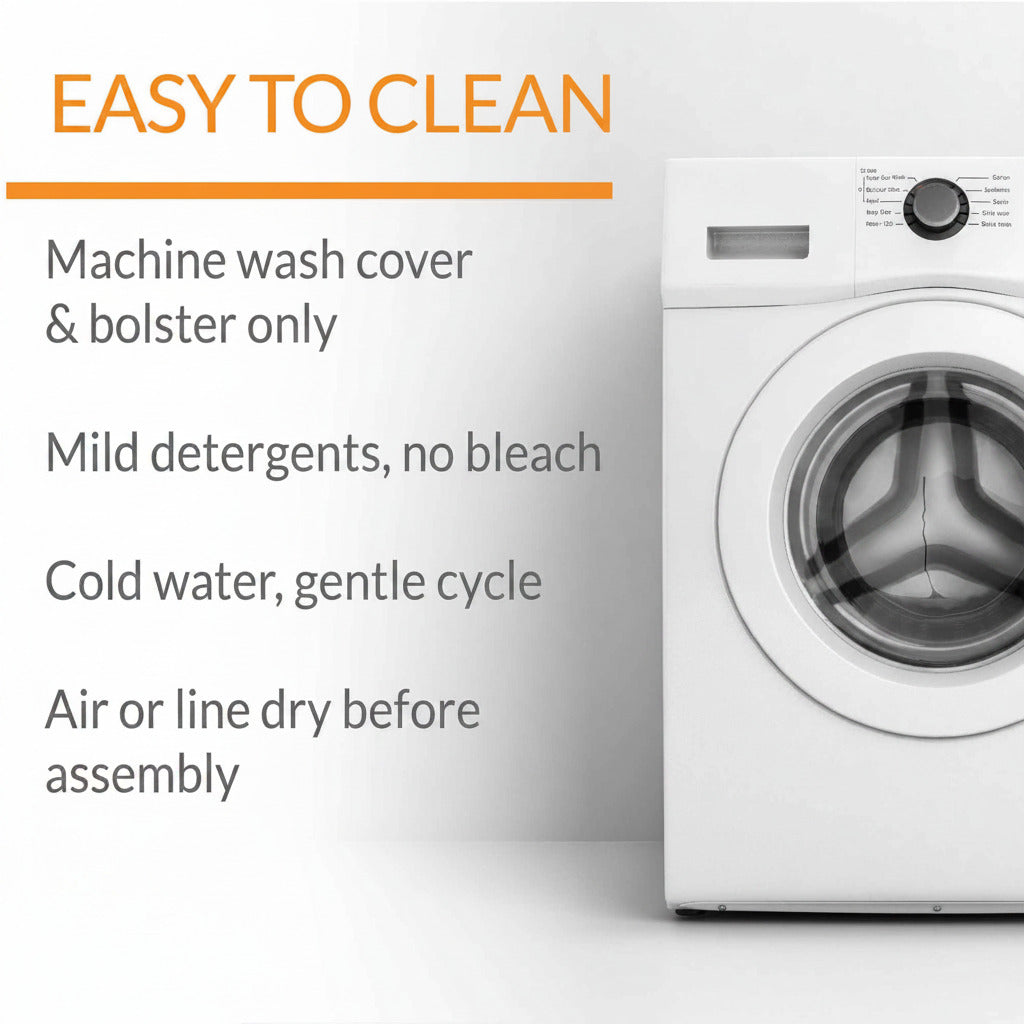 Machine-washable pet cot cover and bolster care shown with washing machine