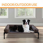 Elevated dog cot with bolstered side pads, chocolate brown fabric and dark metal legs