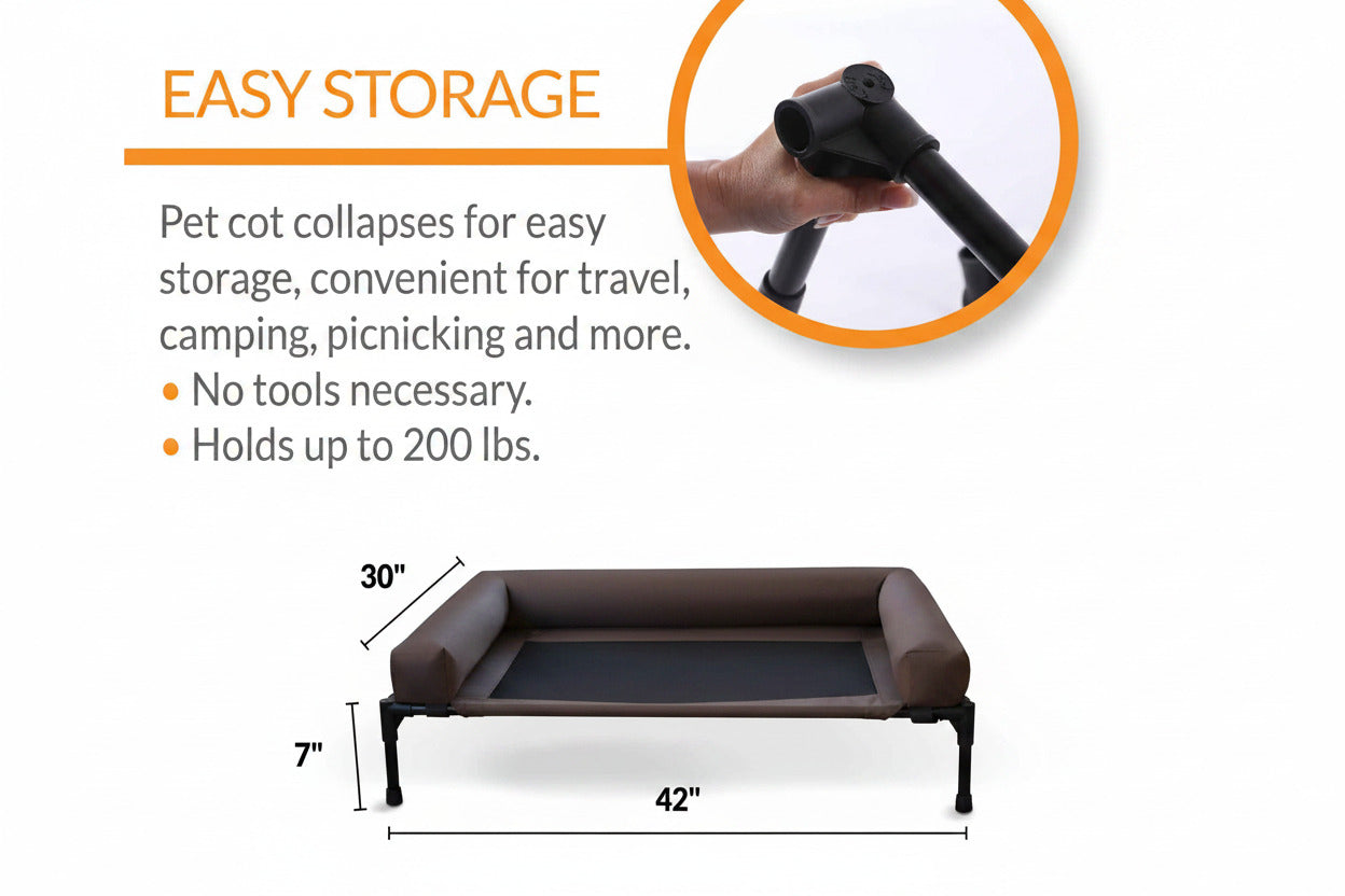 Collapsible elevated pet cot with bolstered sides, chocolate brown fabric and dark legs