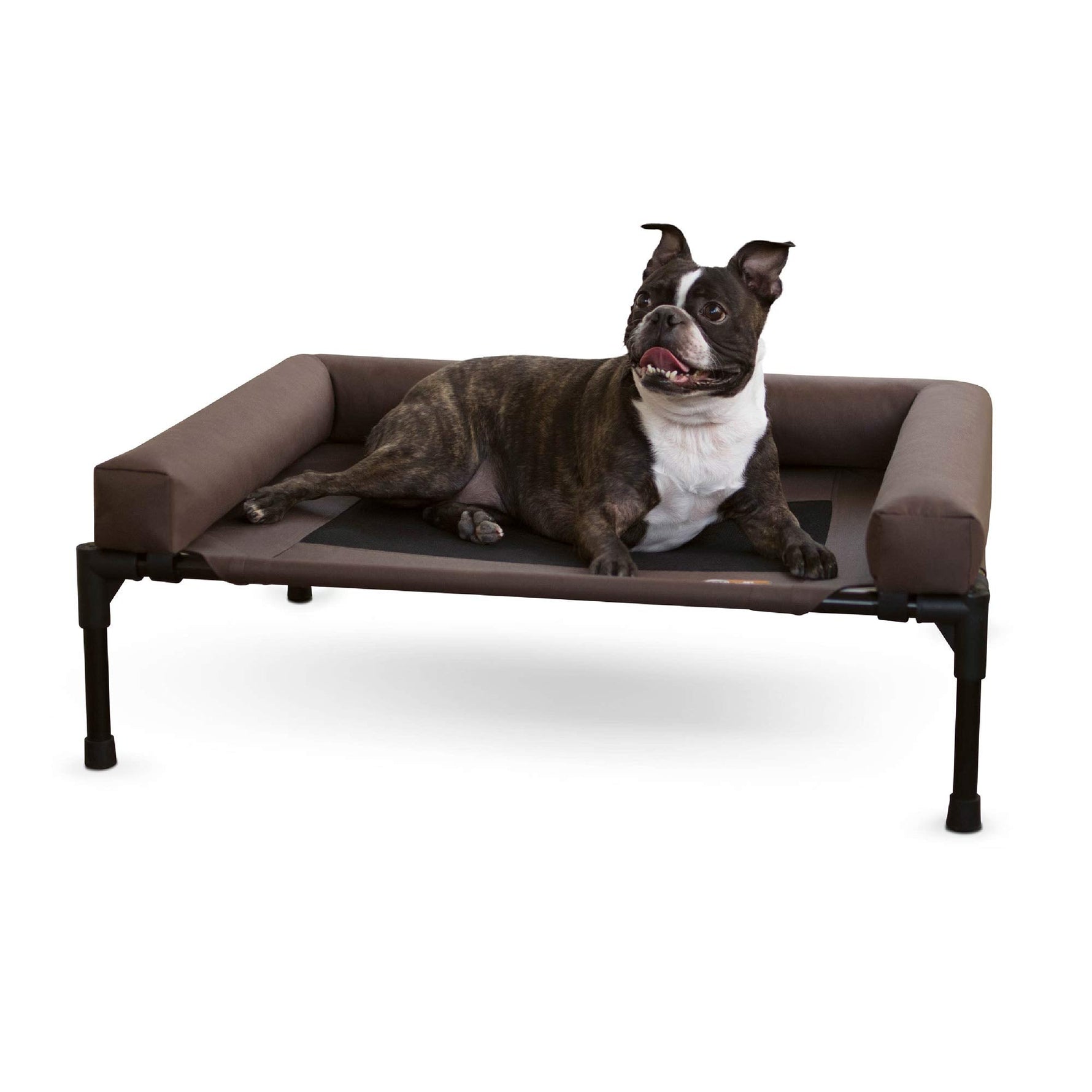 Elevated pet cot with bolstered sides, chocolate brown fabric bed and dark legs