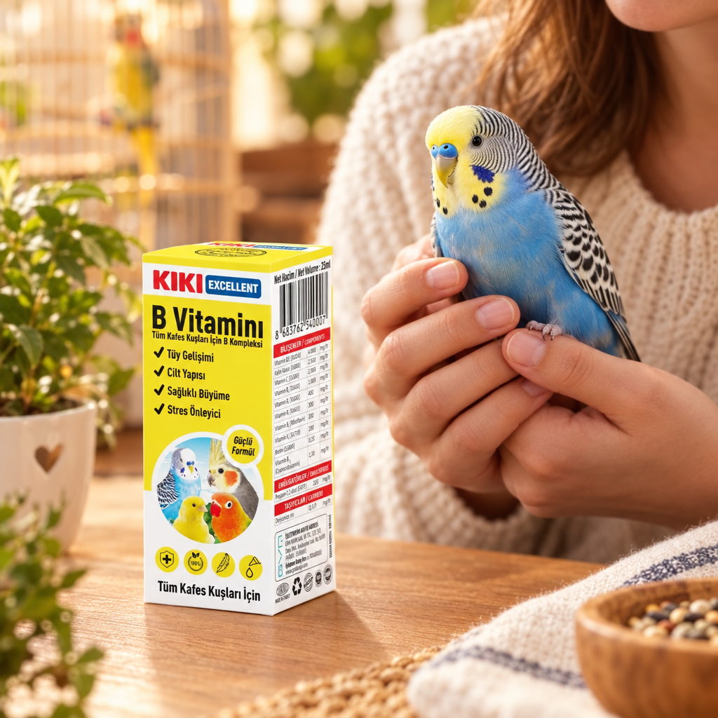 Kiki bird vitamin drops box with blue budgerigar held in hand