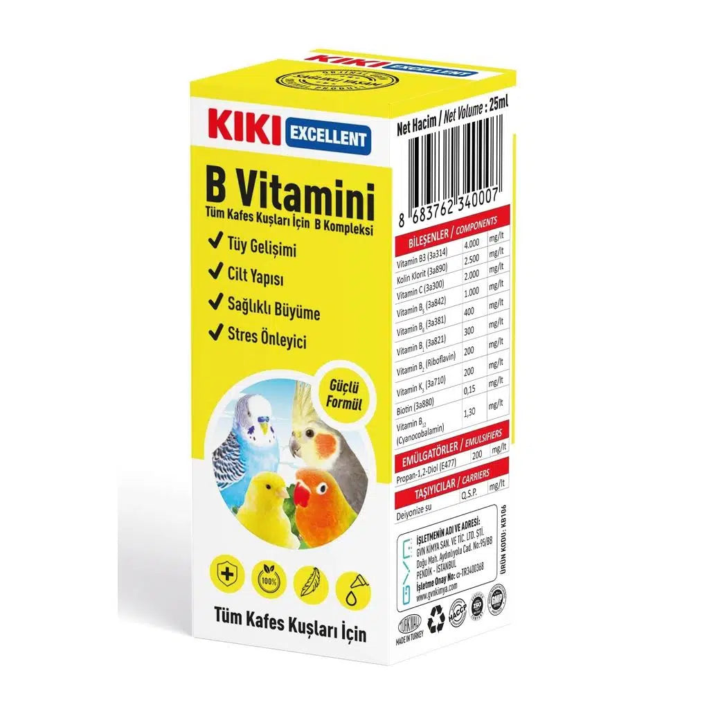 KIKI Excellent B Vitamin supplement for caged birds, 25 ml bottle and box