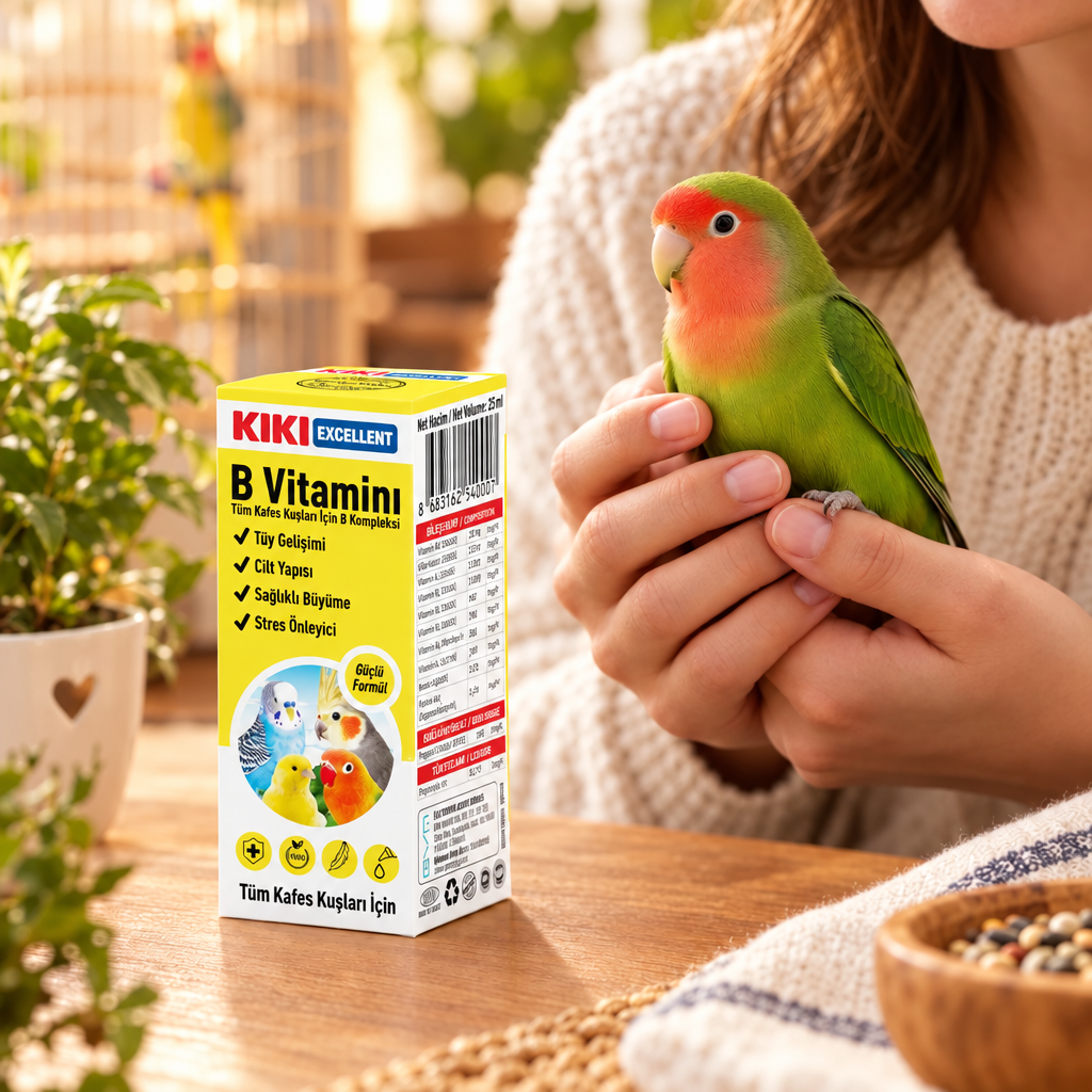 Kiki bird vitamin drops box with green lovebird held in hand