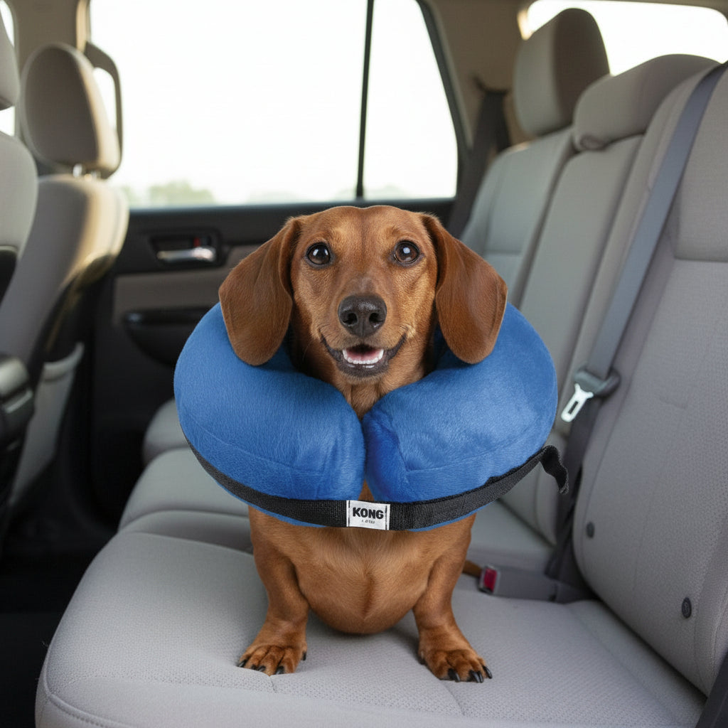 Blue protective pet collar by KONG, plush cloud-style neck ring with black strap