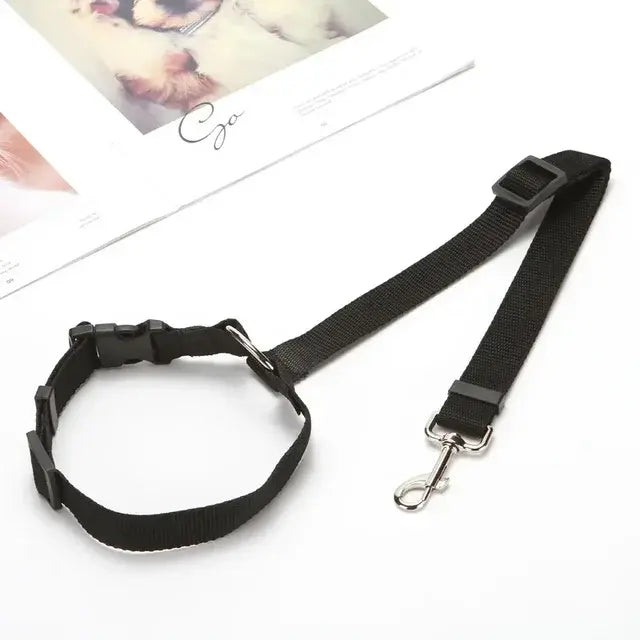 Black pet car seat belt & harness set with adjustable strap and metal hook