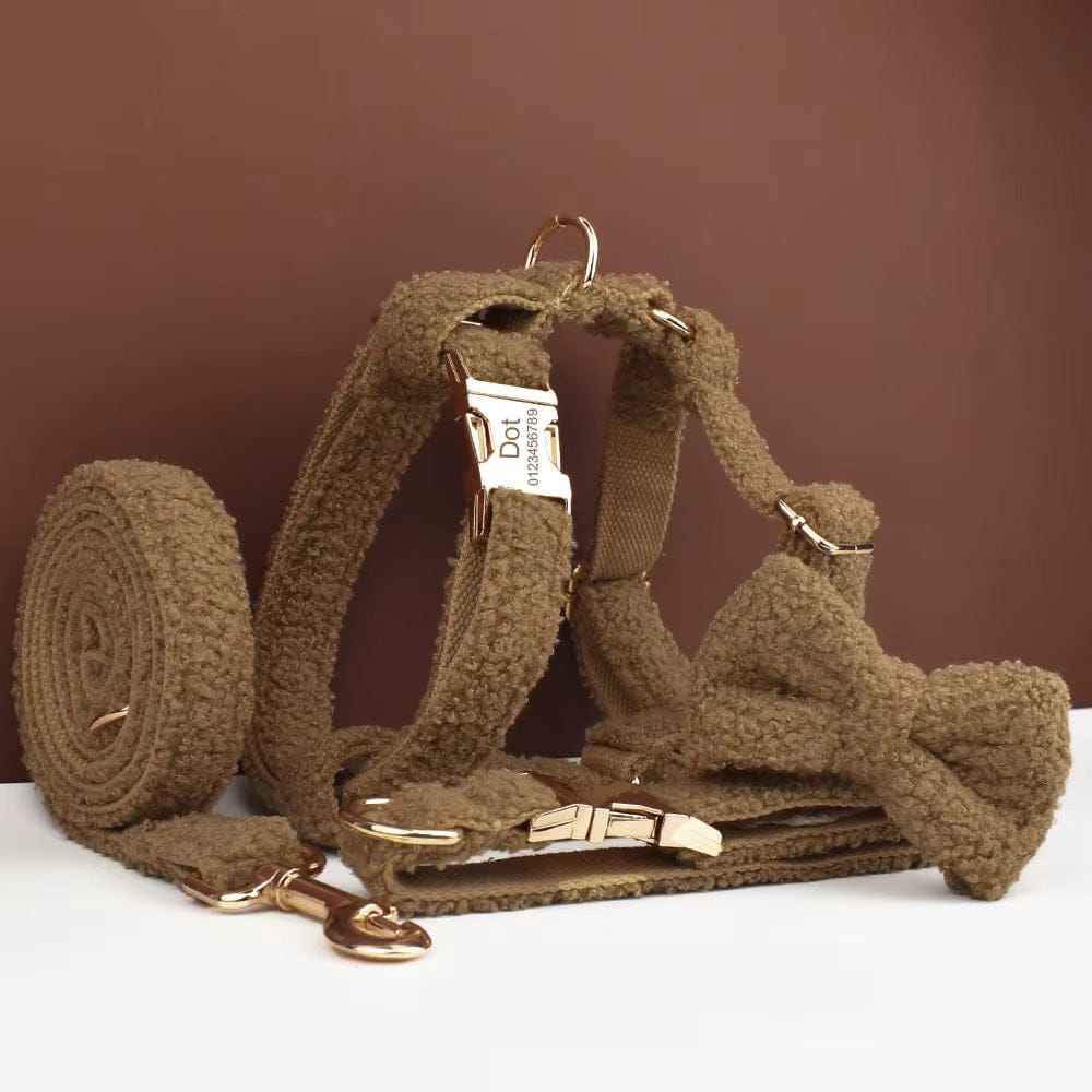 Teddy lambskin harness with leash and bow tie accents, dark taupe/brown, Dott tag