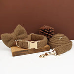 Teddy lambskin bow tie with collar and leash set in dark taupe/brown, gold clips
