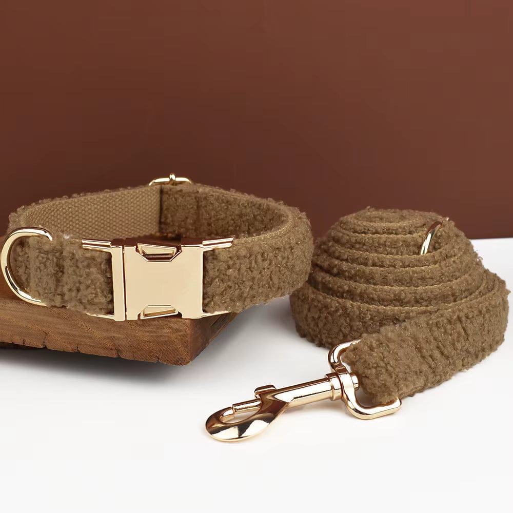 Teddy lambskin dog collar and leash set in dark taupe/brown with gold hardware
