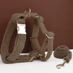 Teddy lambskin dog harness with leash strap and gold metal rings, dark taupe/brown