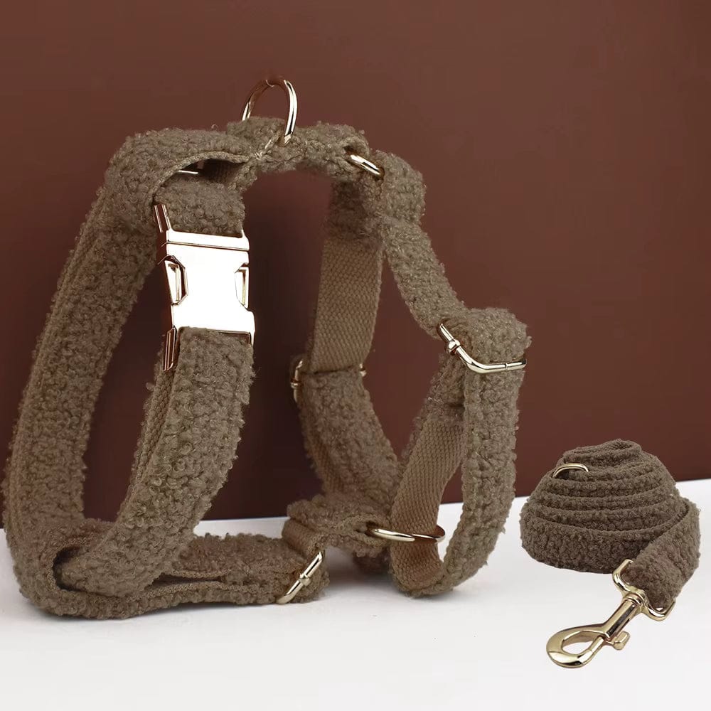 Teddy lambskin dog harness with leash strap and gold metal rings, dark taupe/brown