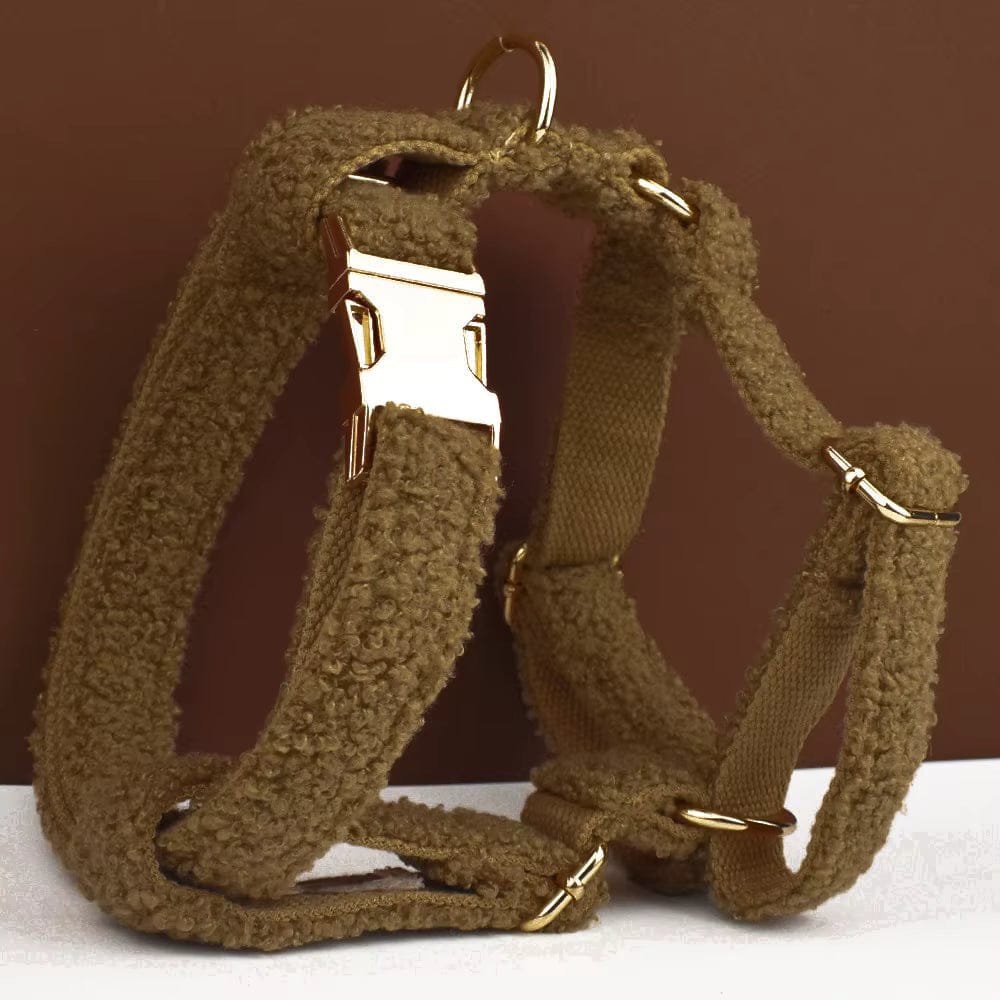 Teddy lambskin dog harness with straps and gold metal rings, dark taupe/brown