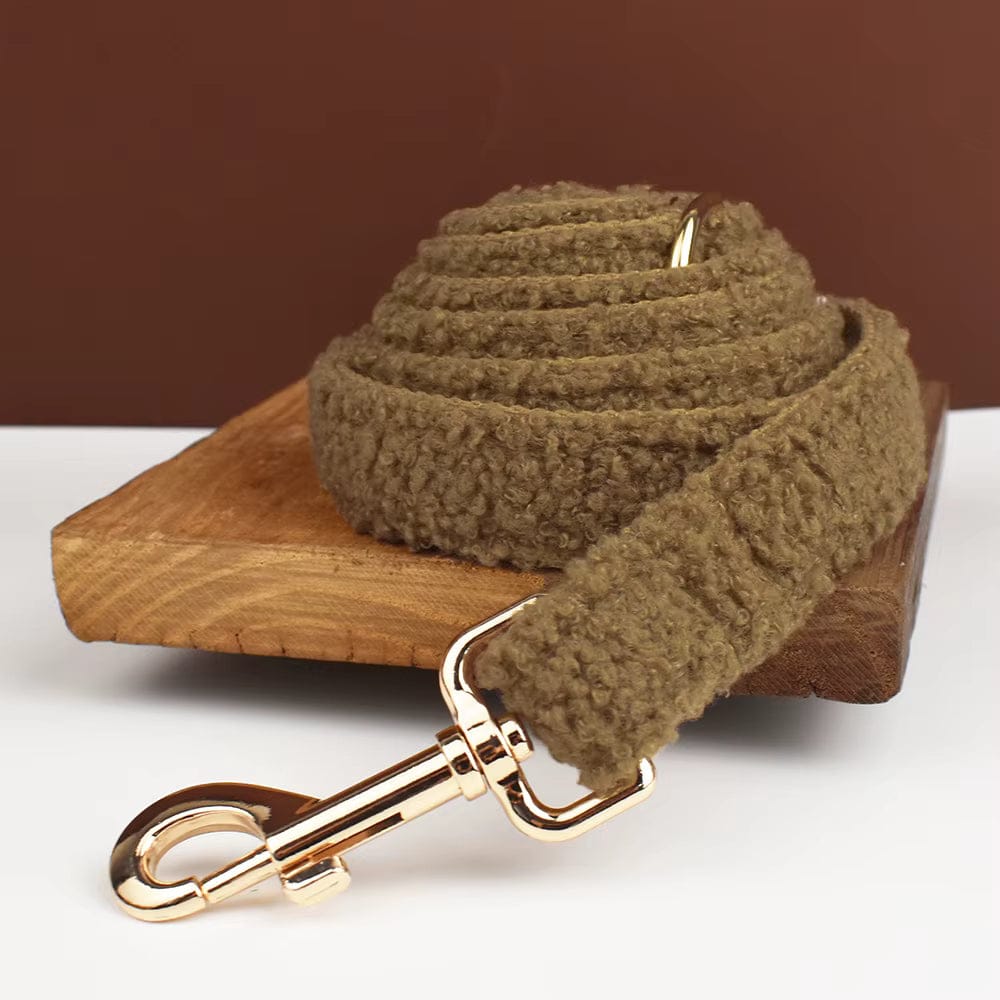 Teddy lambskin dog collar and matching leash in dark taupe/brown with gold clips