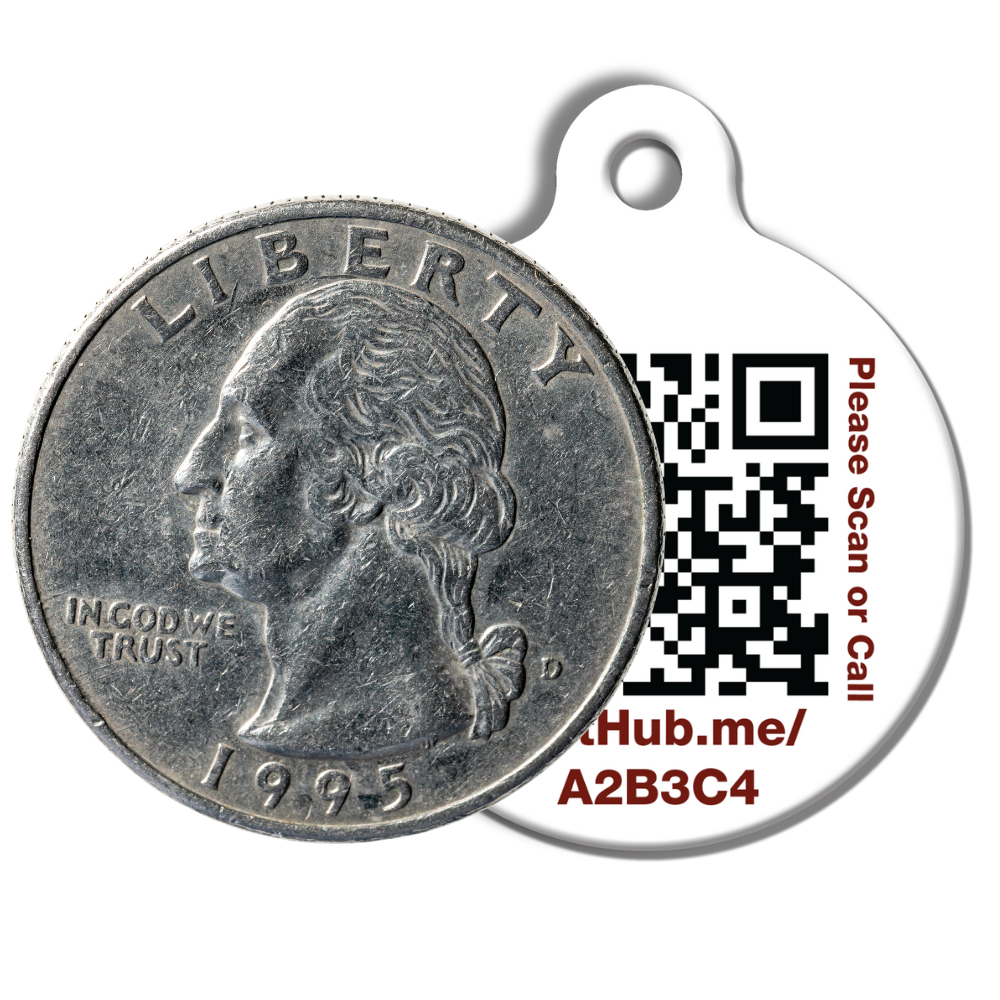 Round QR pet ID tag attached to a coin, showing PetHub.com/tag/A2B3C4