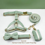 Light green corduroy 5-piece pet harness, collar, bowtie, leash, and poop bag set
