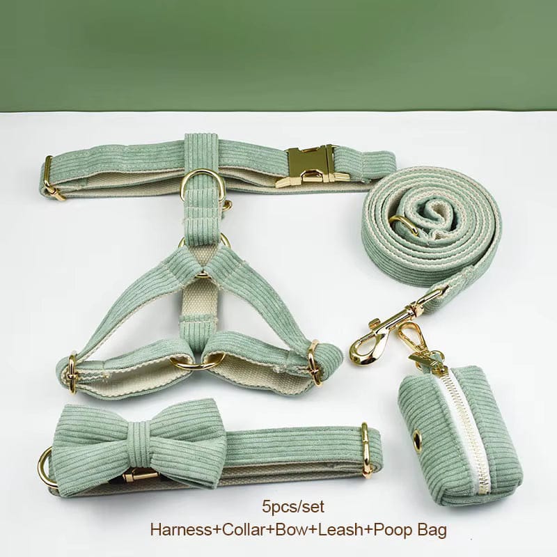 Light green corduroy 5-piece pet harness, collar, bowtie, leash, and poop bag set