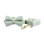 Light green corduroy bowtie and collar with matching leash, gold-tone hardware
