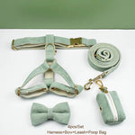 Light green corduroy pet harness, collar, bowtie, leash, and poop bag set with gold-tone